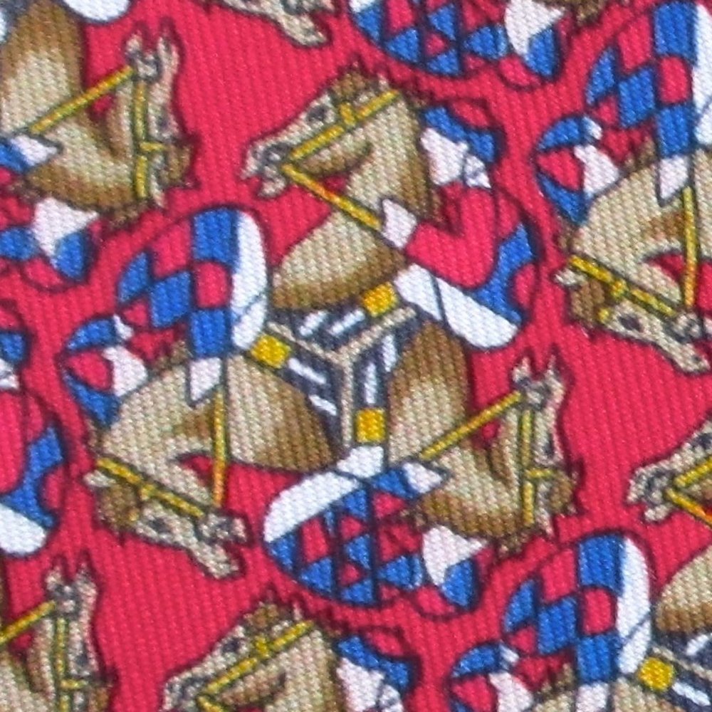 100% REAL HERMES TIE ~ RED w FUN HORSES JOCKEYS ~ ODE TO TRIPLE CROWN RACES